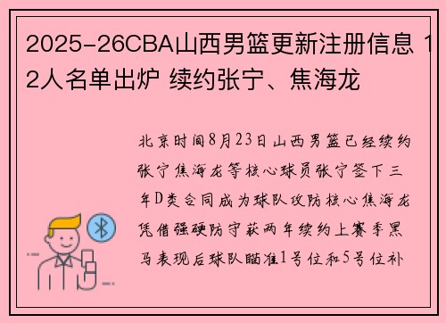 2025-26CBA山西男篮更新注册信息 12人名单出炉 续约张宁、焦海龙